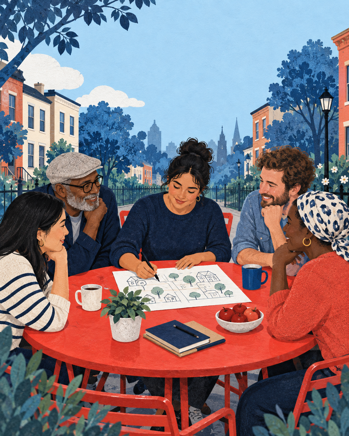 Illustration of neighbors sharing ideas around a table in their community